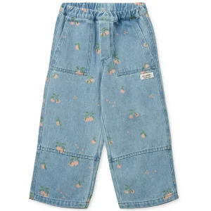 Cesar Printed Denim Pants in Peach / Light Blue Denim by Liewood