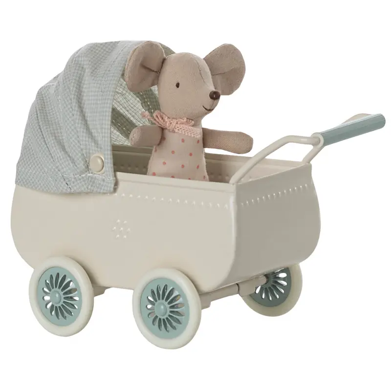 Pram With Baby Mouse in Mint by Maileg