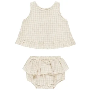 Ruffled Tulip Top + Bloomer Set in Oat Check by Quincy Mae