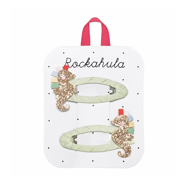 Glitter Rainbow Seahorse Hair Clips in Pastel Green by Rockahula