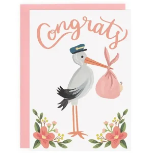 Pink Stork Baby Greetings Card by LoveLight Paper
