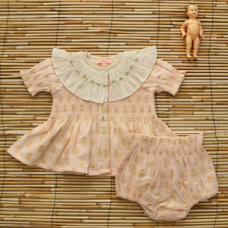 Baby Set in Petal Pink & Gold Flowers by Bonjour - Last Ones In Stock - 12-24 Months