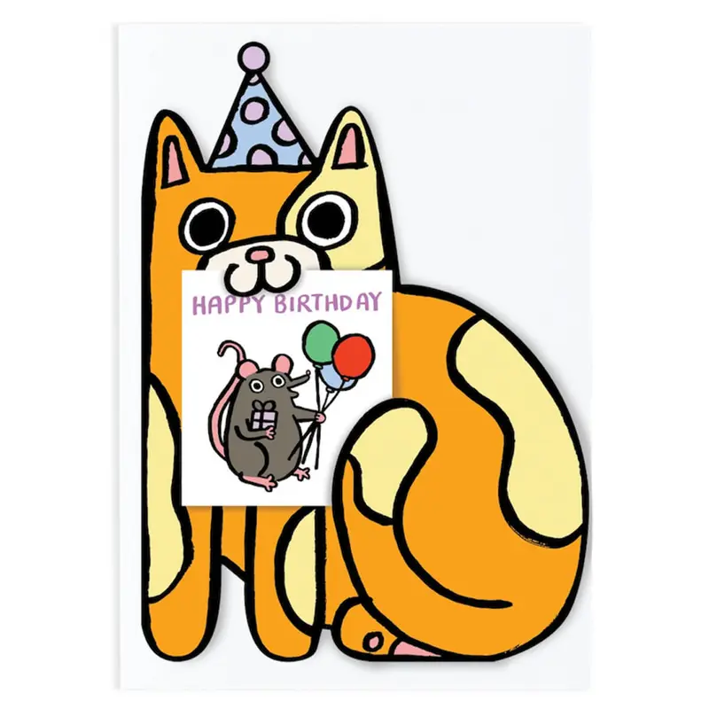 Cat With Mini Card Die Cut Birthday Greetings Card by Alice Bowsher for Wrap