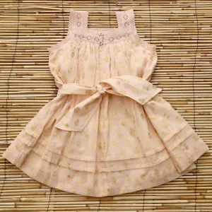Eleonore Dress in Petal Pink & Gold Flowers by Bonjour - Last One In Stock - 2 Years