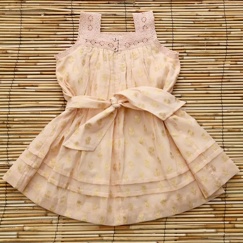 Eleonore Dress in Petal Pink & Gold Flowers by Bonjour - Last One In Stock - 2 Years