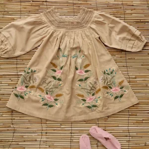 Embroidered Garden Dress in Sand by Bonjour - Last Ones In Stock - 8-10 Years