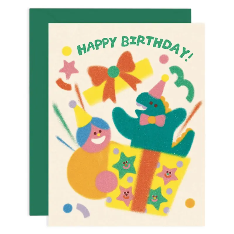 Happy Birthday Dino And Present Greetings Card by Zoey Kim for Wrap