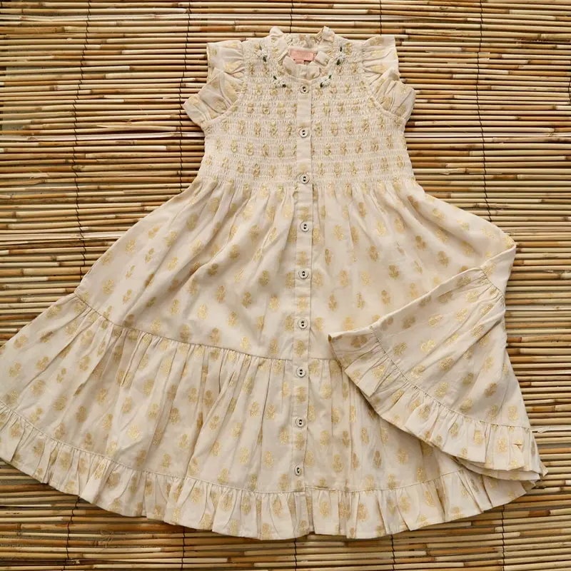 Ibiza Dress in Ivory & Gold Flowers by Bonjour