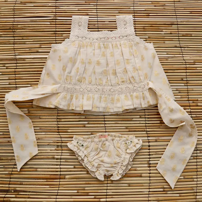 Top And Panty Set in Ivory & Gold Flowers by Bonjour