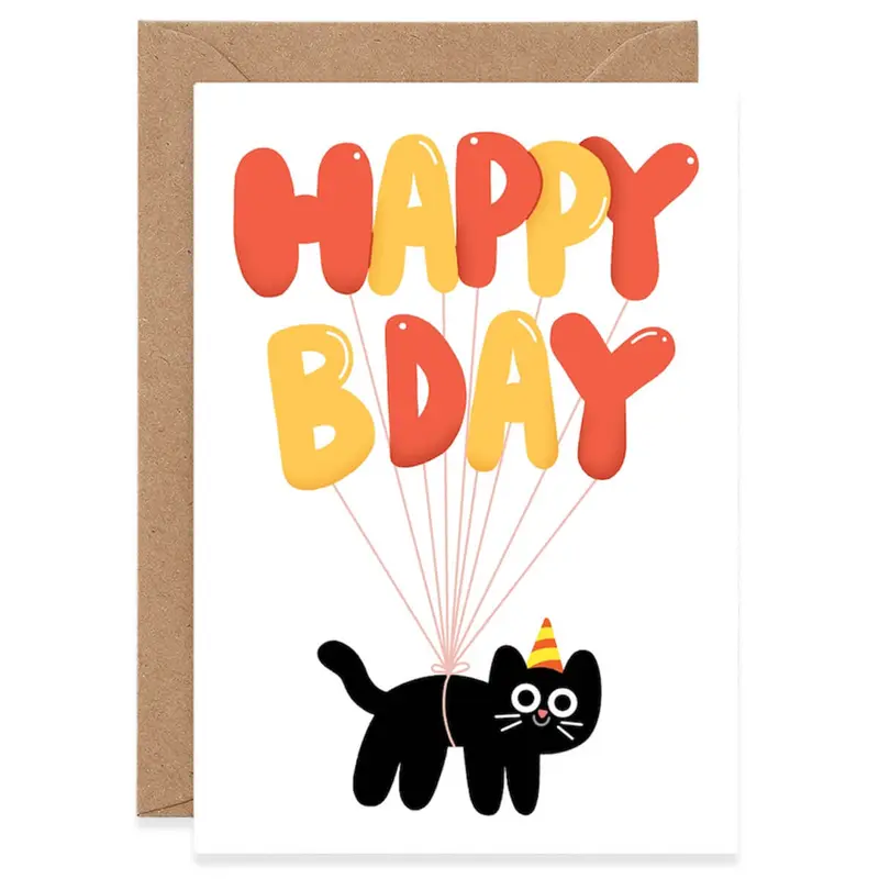Happy Bday Cat Balloons Birthday Greetings Card by Elliot Kruszynski for Wrap
