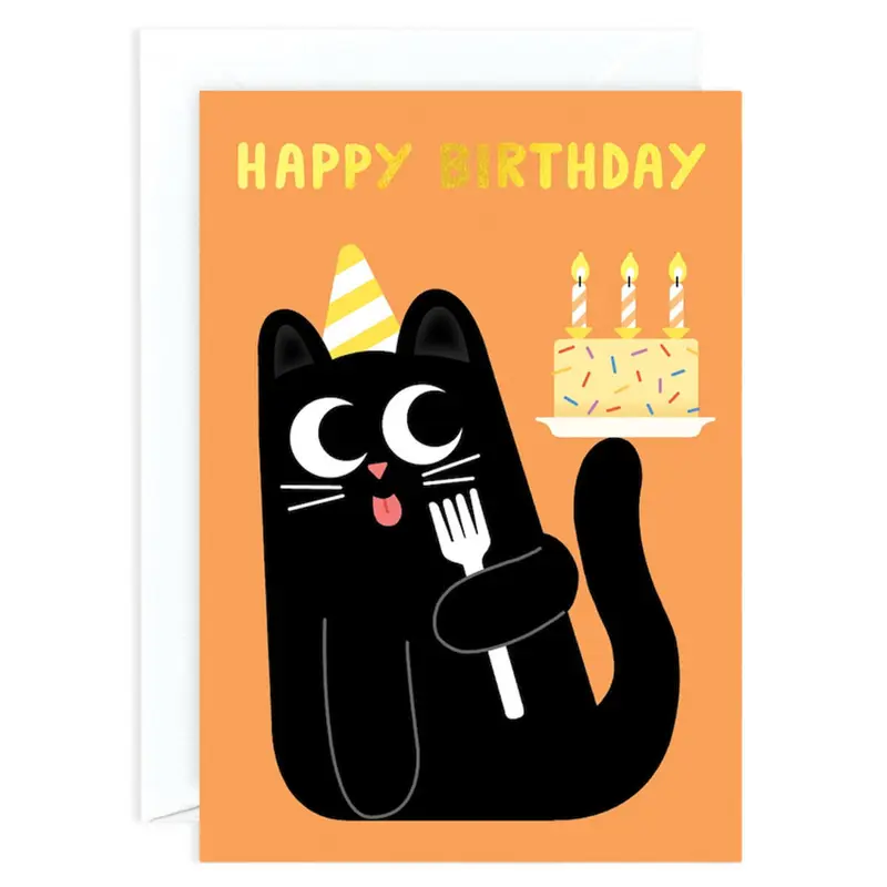 Happy Birthday Cake And Cat Greetings Card by Elliot Kruszynski for Wrap