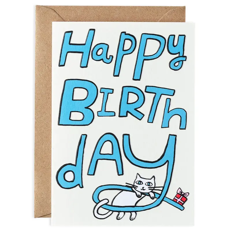 Happy Birthday Cat And Present Embossed Greetings Card by Molly Fairhurst for Wrap