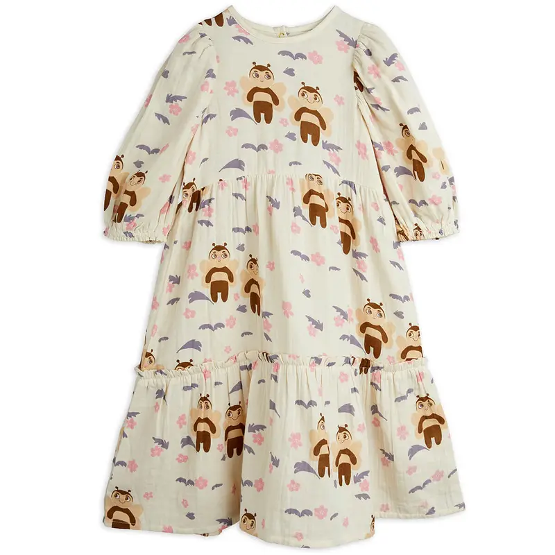 Bees AOP Woven Puff Sleeve Dress in Off White by Mini Rodini