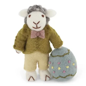 Grey Sheep With Dark Green Jacket And Big Egg Hanging Decoration by Gry & Sif