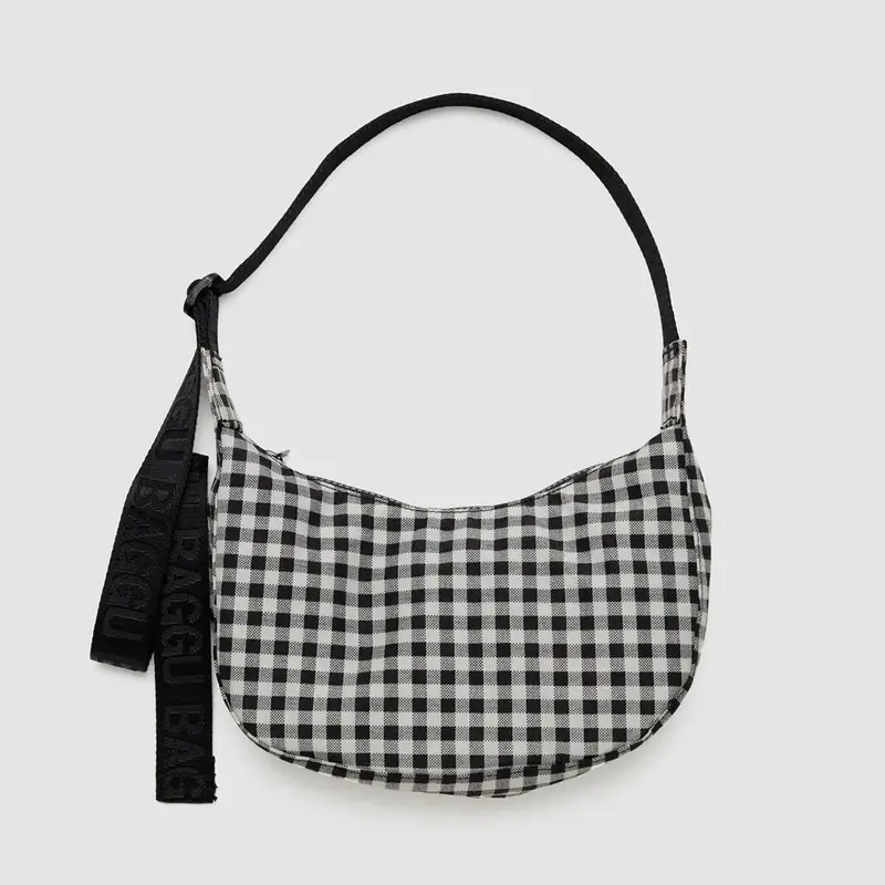 Small Nylon Crescent Bag in Black And White Gingham by Baggu