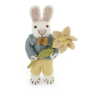 White Bunny With Blue Jacket And Daffodil Hanging Decoration by Gry & Sif
