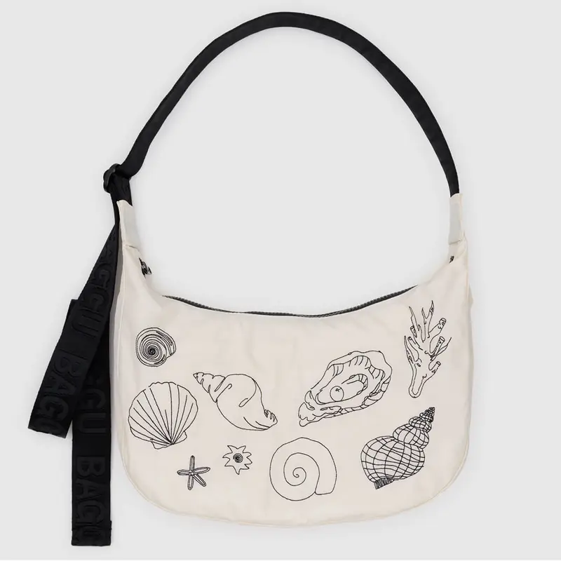 Medium Nylon Crescent Bag in Embroidered Shells by Baggu