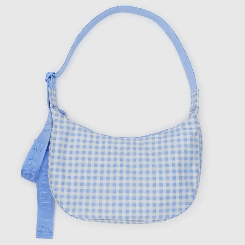 Medium Nylon Crescent Bag in Light Blue Gingham by Baggu