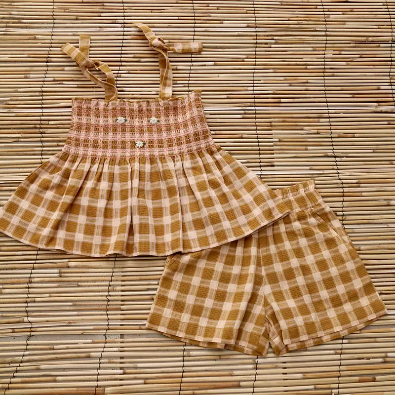 Top And Short Set in Caramel Honeycomb Check by Bonjour