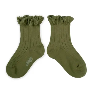 Lili Lace Trim Ribbed Ankle Socks in Olive Du Luberon by Collegien - Last One In Stock - 3-4 Years