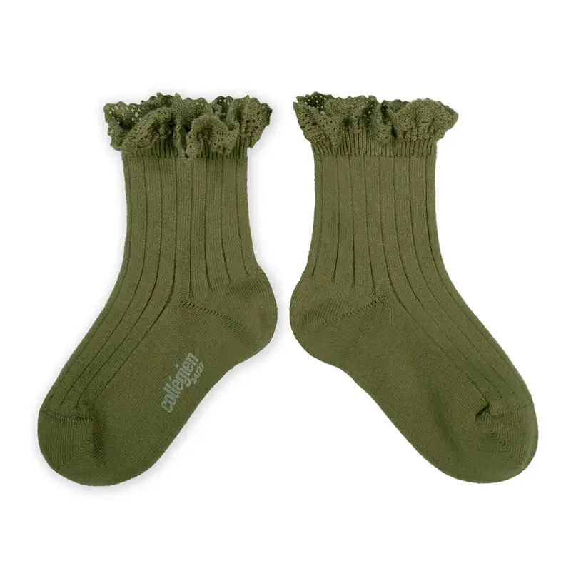 Lili Lace Trim Ribbed Ankle Socks in Olive Du Luberon by Collegien - Last One In Stock - 3-4 Years