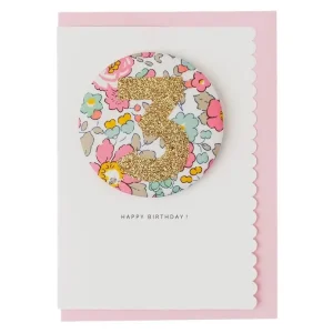 Age 3 Badge Greetings Card in Betsy Pink Liberty Print by The Charming Press