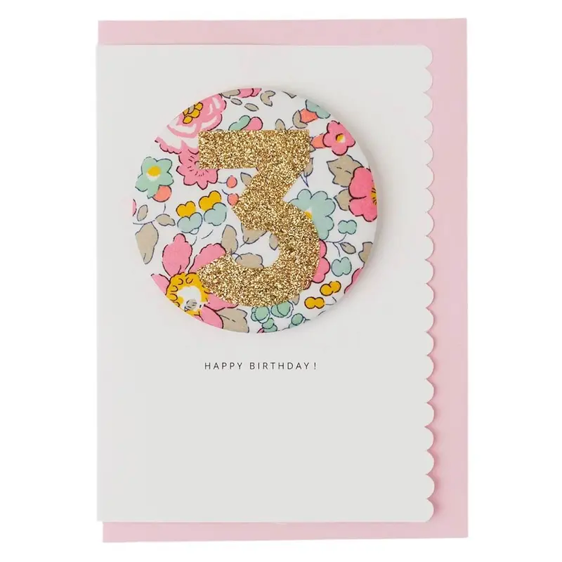 Age 3 Badge Greetings Card in Betsy Pink Liberty Print by The Charming Press