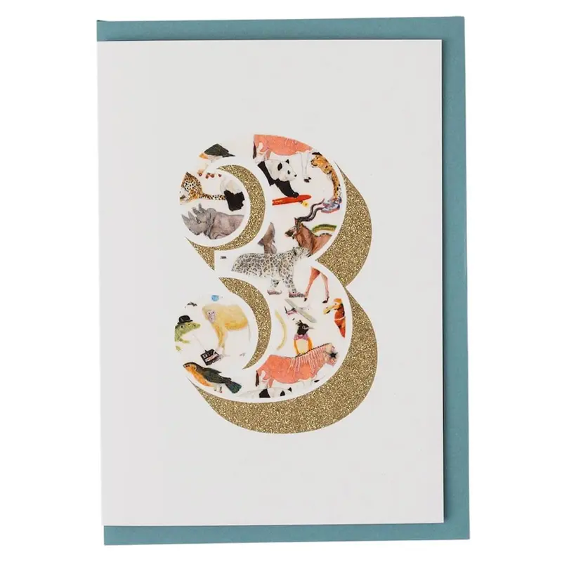 Age 3 Greetings Card in Queue For The Zoo Liberty Print by The Charming Press
