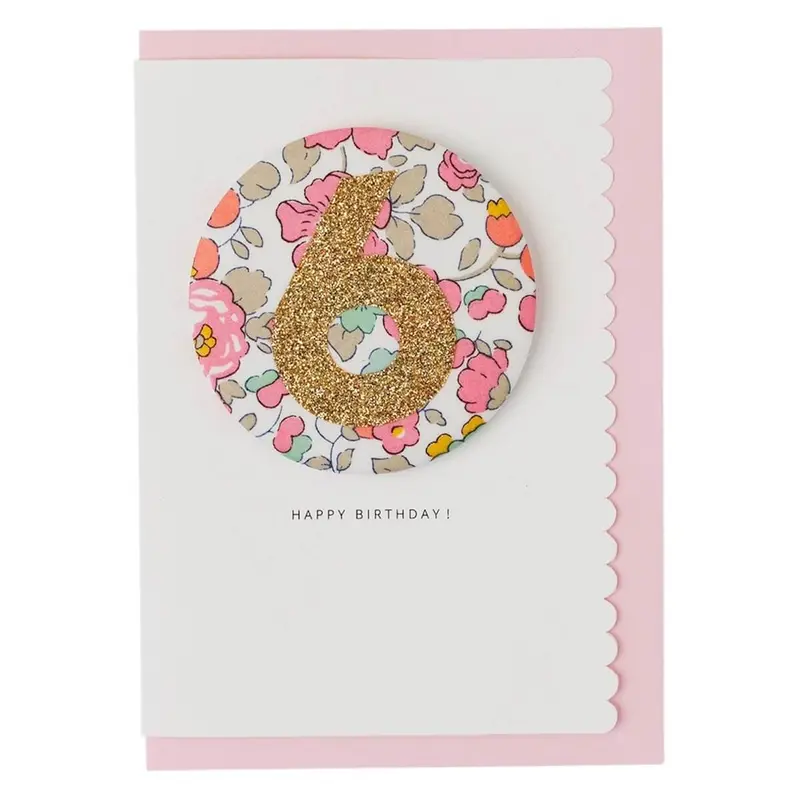 Age 6 Badge Greetings Card in Betsy Pink Liberty Print by The Charming Press