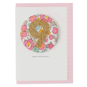 Age 9 Badge Greetings Card in Betsy Pink Liberty Print by The Charming Press