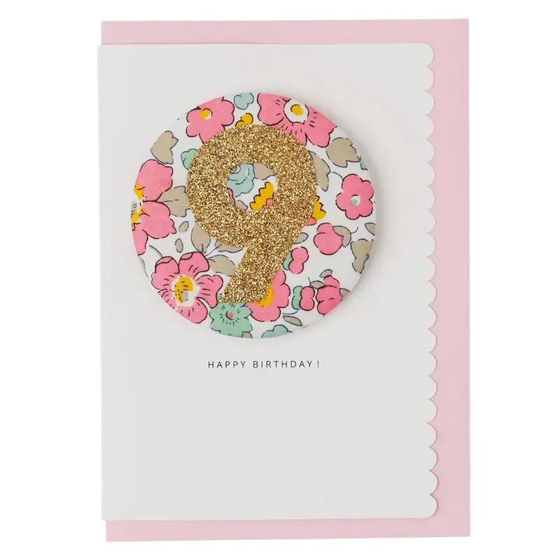 Age 9 Badge Greetings Card in Betsy Pink Liberty Print by The Charming Press