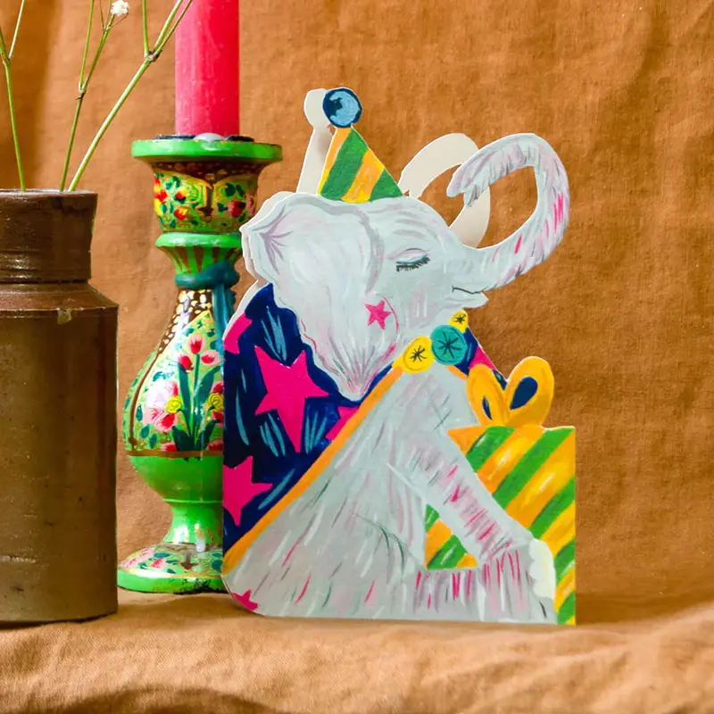 Party Elephant Die-Cut Birthday Greetings Card by Hutch Cassidy