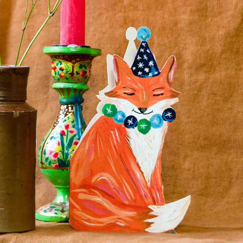 Party Fox Die-Cut Birthday Greetings Card by Hutch Cassidy