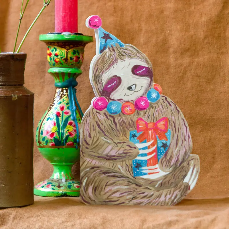 Party Sloth Die-Cut Birthday Greetings Card by Hutch Cassidy