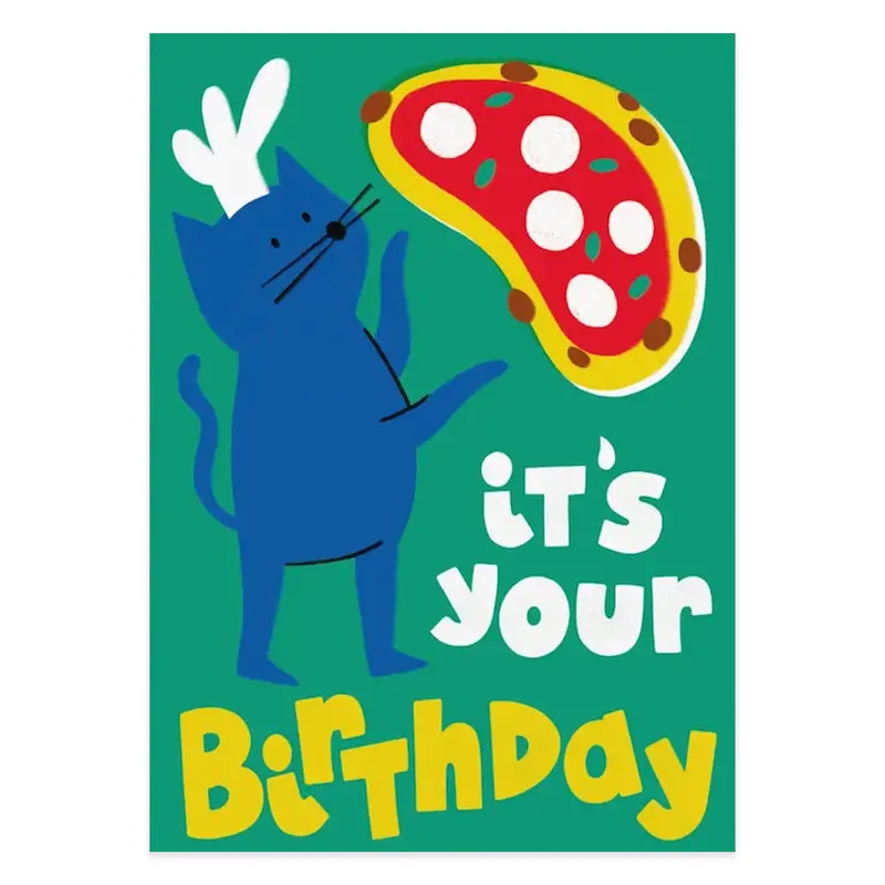 Pizzeria Cat Birthday Greetings Card by Studio Boketto