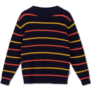 Knit Boxy Sweater in Navy Blue Multi Stripe by Repose AMS
