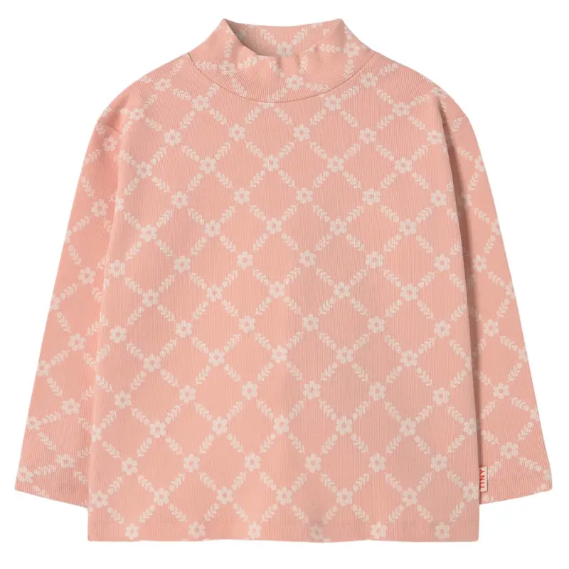 Flower Grid Mock Neck Tee in Wild Rose by Tinycottons