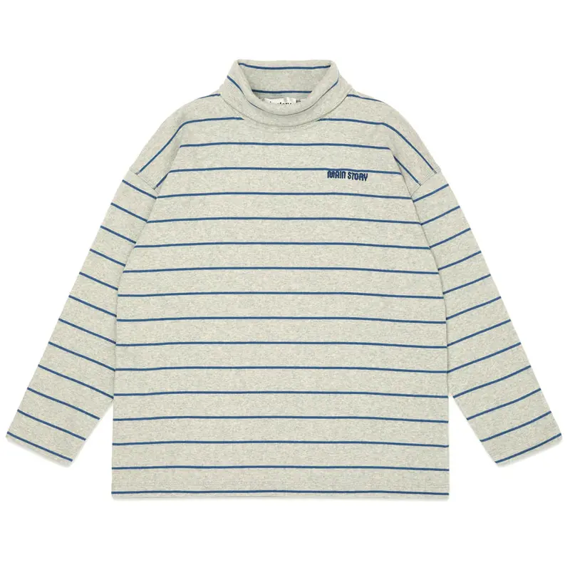 Roll Neck Rib Top in Grey Melange Stripe by Main Story