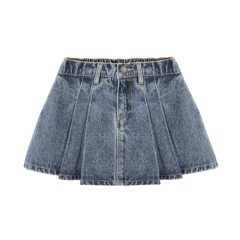 Pleated Denim Skirt in Indigo Denim by Rylee & Cru