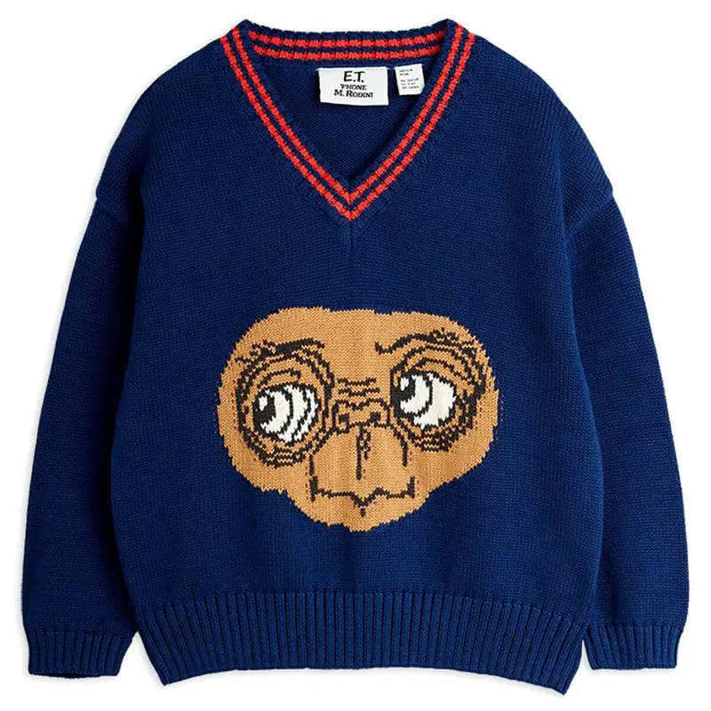 E.T. Intarsia V-Neck Sweater in Blue by Mini Rodini
