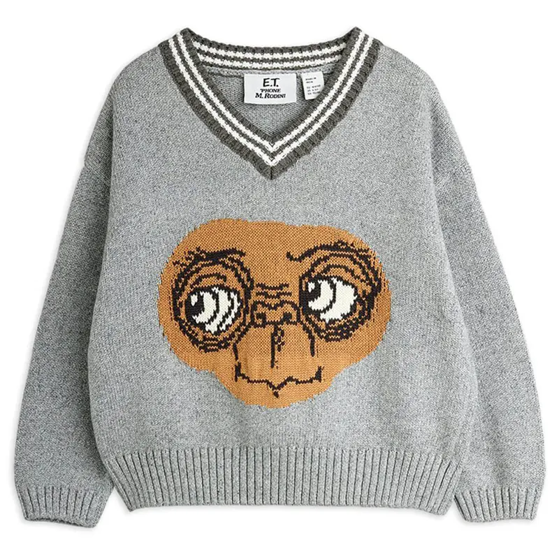 E.T. Intarsia V-Neck Sweater in Grey by Mini Rodini