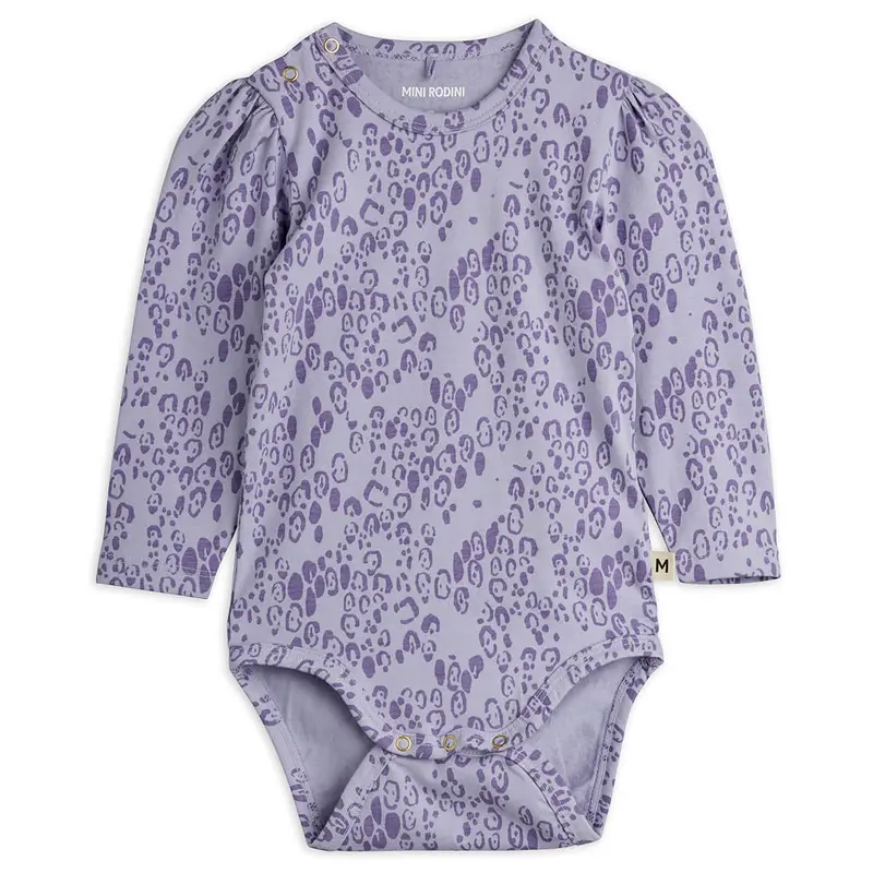 Mini Leopard AOP Baby Bodysuit in Purple by Mini Rodini