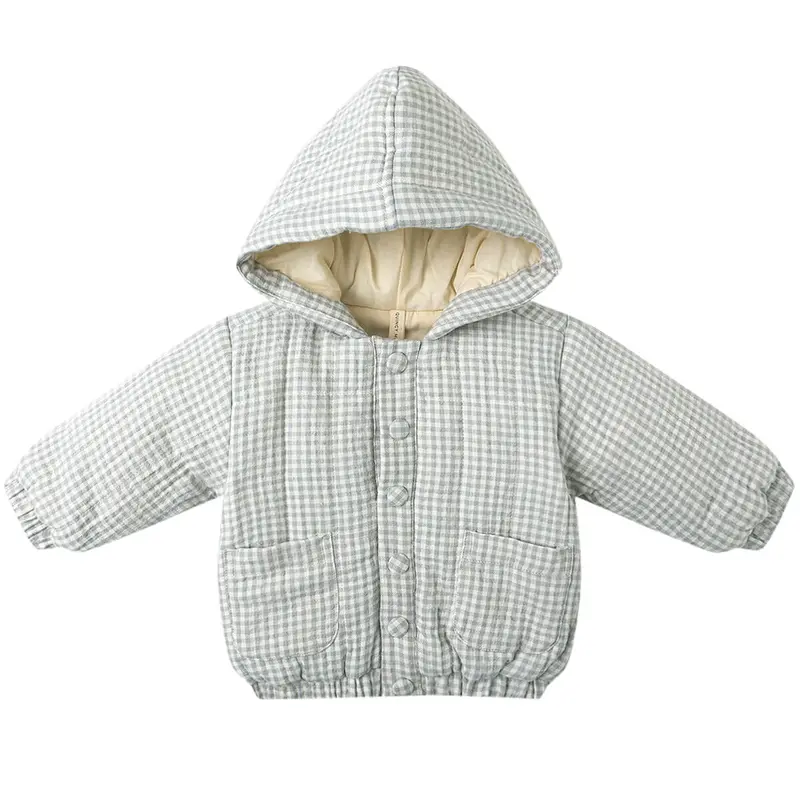 Hooded Woven Jacket in Blue Gingham by Quincy Mae