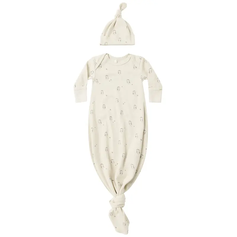 Knotted Baby Gown and Hat Set in Owls by Quincy Mae