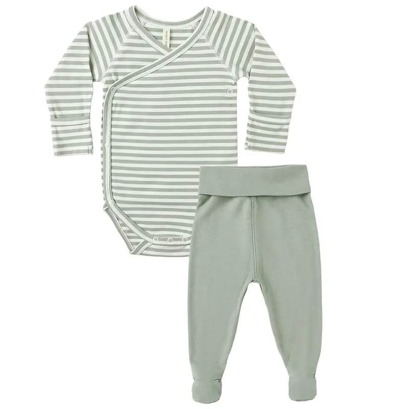 Side Snap Bodysuit and Pant Set in Fern Stripe by Quincy Mae