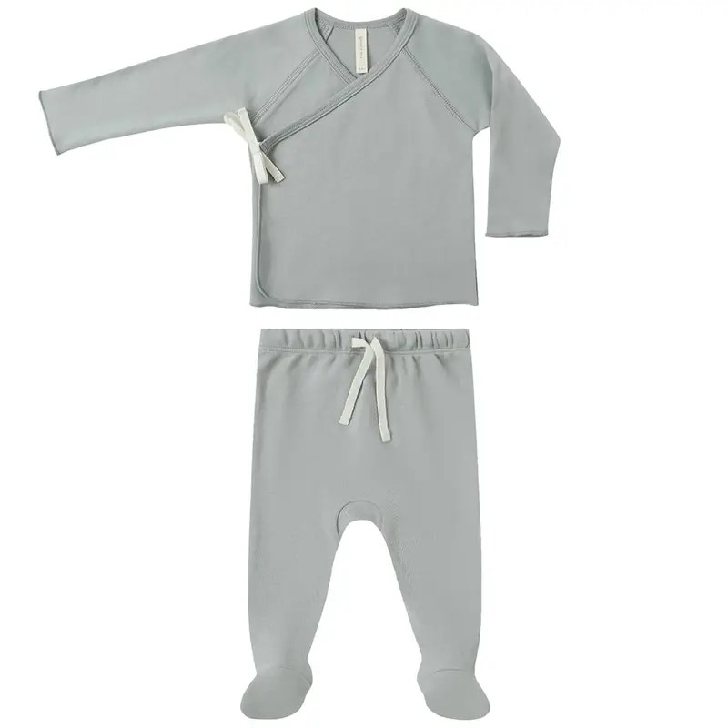 Wrap Top and Footed Pant Set in Steel Blue by Quincy Mae