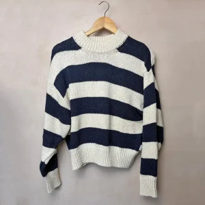 Zoe Cotton Sweater in Navy Stripe by Le Bon Shoppe