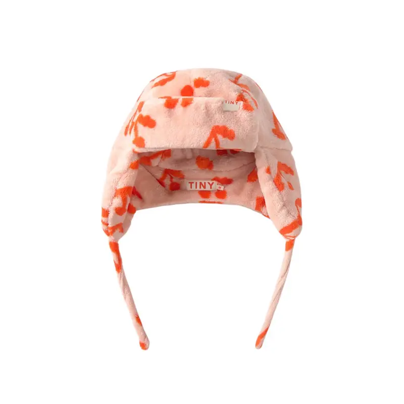 Cherries Earflap Fleece Beanie in Wild Rose by Tinycottons