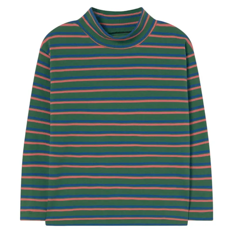 Duo Stripes Mock Neck Tee in Dark Green by Tinycottons