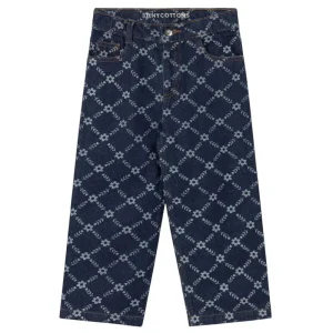 Flower Grid Straight Jeans in Dark Blue Denim by Tinycottons